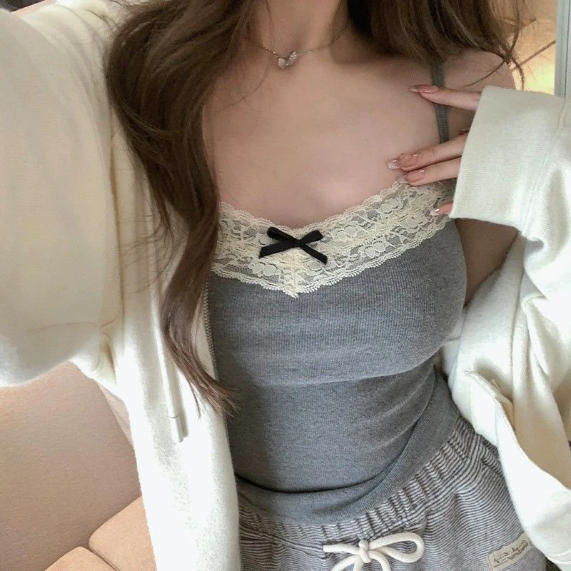 80-130斤可穿法式蕾丝花边吊带背心女带胸垫螺纹性感修身内搭