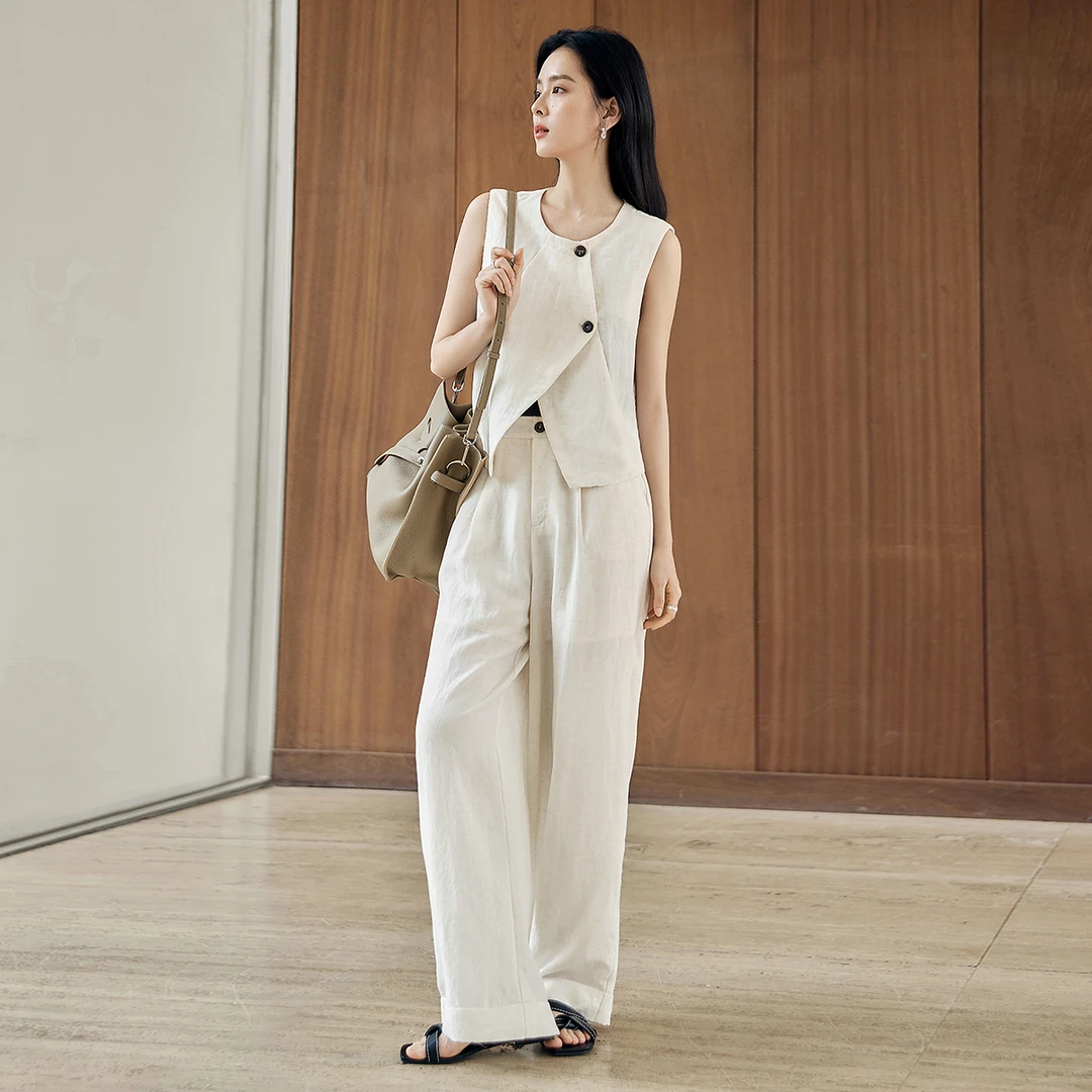 【对白】D01对白麻感马甲阔腿裤两件套女通勤套装FDZ075