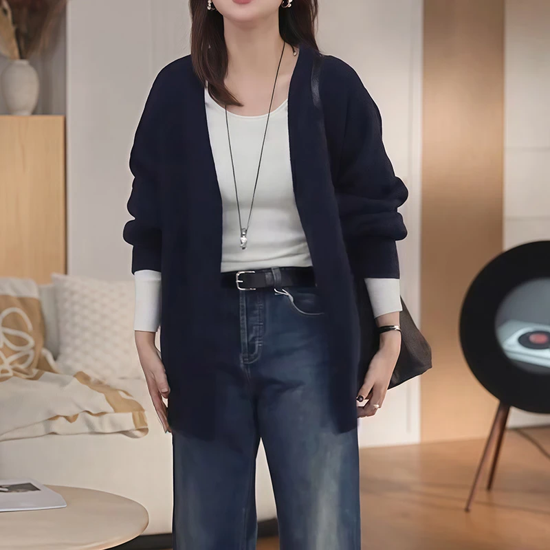 纯色毛衣开衫外套女2025秋季大码慵懒风宽松高级感中长款针织上衣