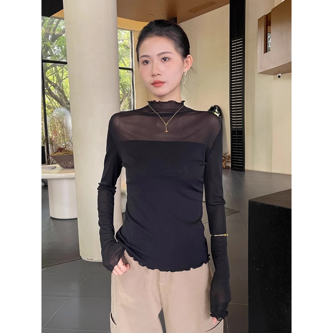 半高领网纱黑色打底衫女2025新款春秋显瘦木耳边长袖t恤内搭上衣