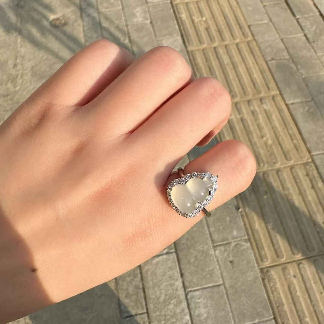 【天然高冰白冰玉髓葫芦戒指14M】时尚百搭女款戒指（B566）