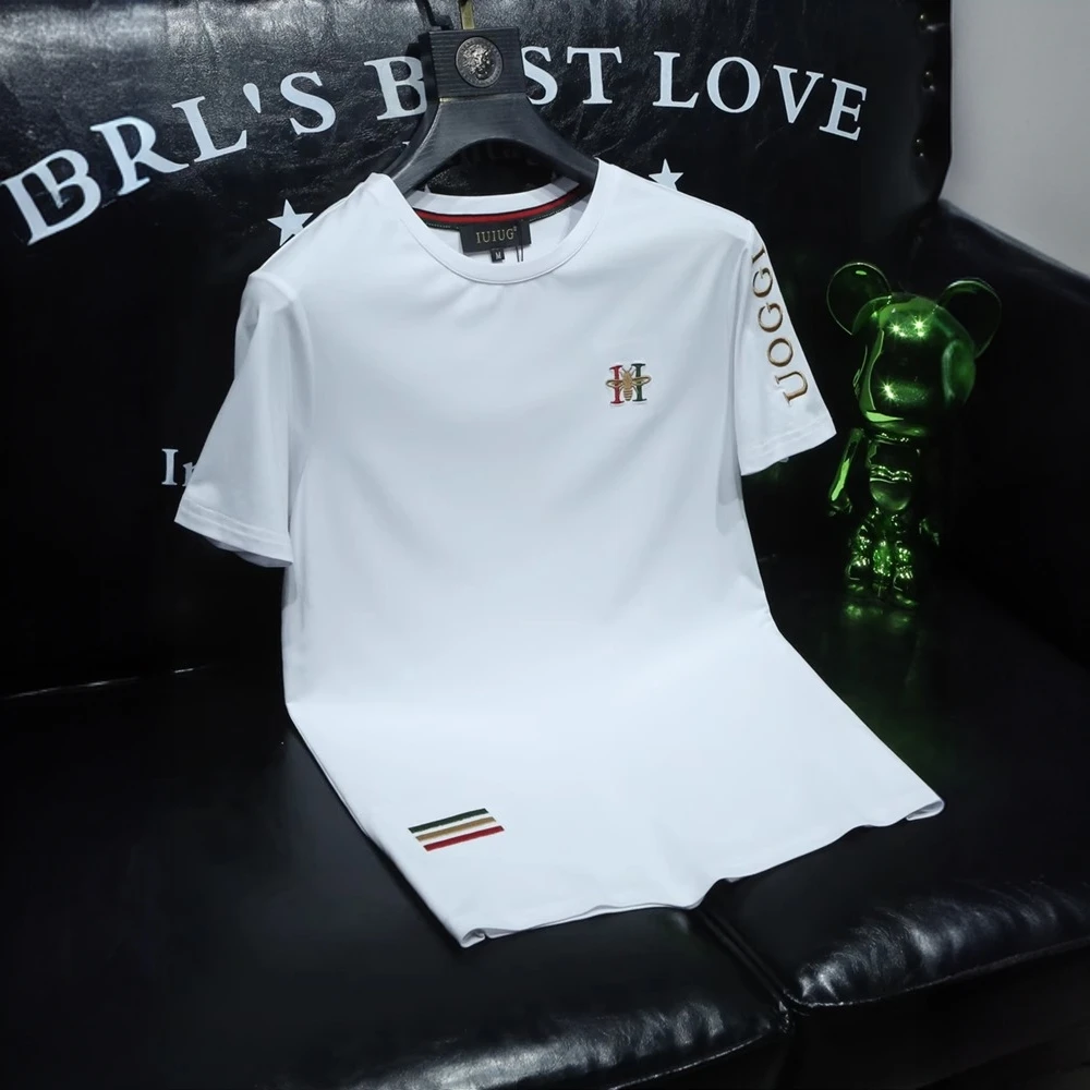 潮牌小蜜蜂刺绣夏季丝光棉t恤衫男装刺绣修身青年白色半袖t恤男士