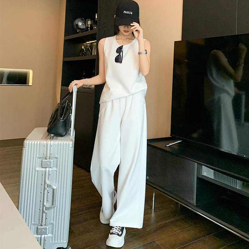 夏季白色无袖时尚套装气质女装简约洋气慵懒阔腿裤宽松显瘦两件套