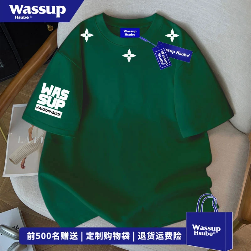 WASSUP HSUBE hiphop美式创意字母印花短袖T恤夏季百搭墨绿色上衣