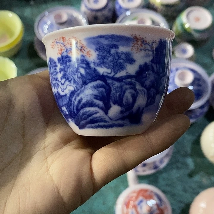 摆件陶红稀土青花釉里红山水小号缸杯