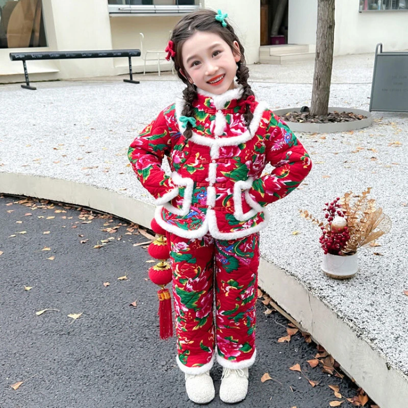 【沫沫家】女童大花袄加绒套装冬款洋气棉服加绒加厚宝宝两件套