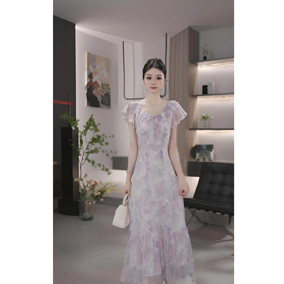 【薇宝儿-婷婷】-紫雾漫染-法式优雅气质显瘦连衣裙度假风沙滩裙