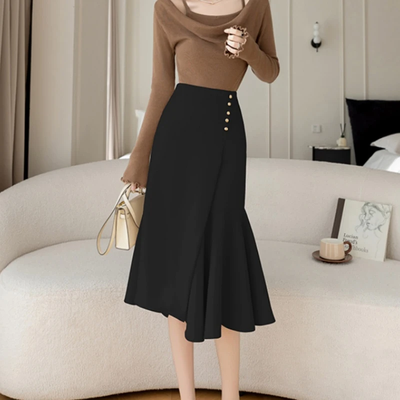 2025春秋新款时尚气质职业半身裙显瘦包臀拼接排扣不规则鱼尾裙女