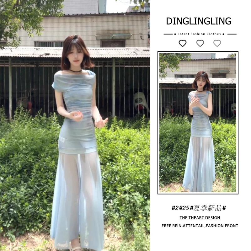 2025年夏季新款韩穿搭套装女纯欲法式气质氛围微透网纱短袖连衣裙