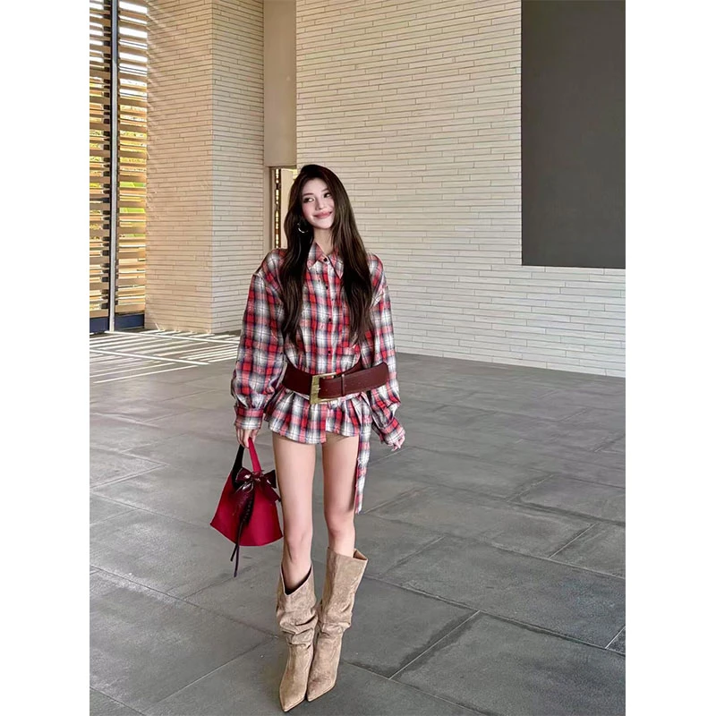 辣妹复古防晒格纹长袖衬衫2025夏季新款休闲百搭宽松上衣外套女