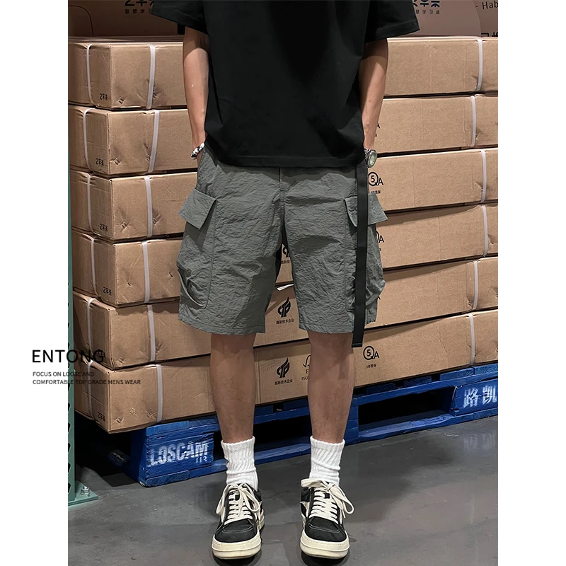 Entong美式薄款速干凉爽多口袋工装休闲短裤男生五分宽松中裤子潮