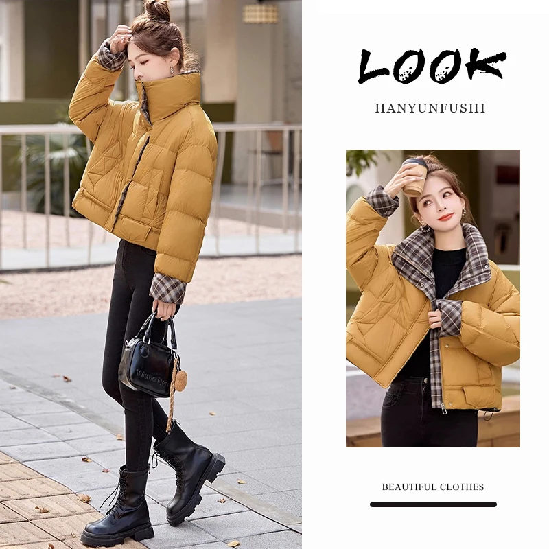 超好看格子拼接短款羽绒棉服女2025冬季新款小个子洋气减龄面包服