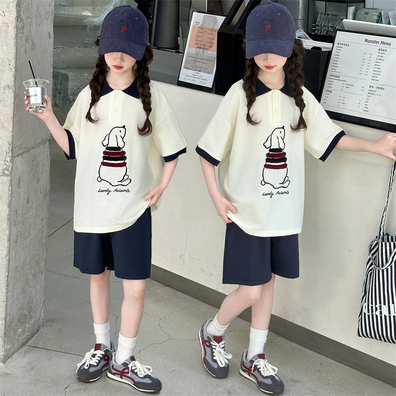 女童2025新款夏季短袖套装儿童POLO领上衣韩版休闲中大童洋气穿搭