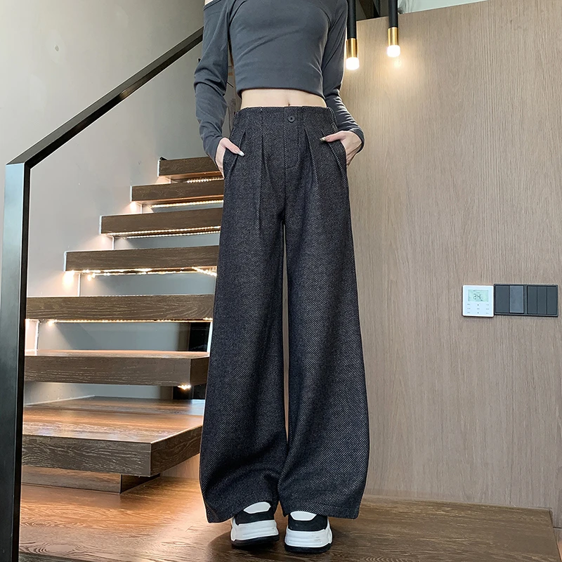 2024冬季韩版加厚斜纹毛呢羊绒阔腿裤显瘦毛呢阔腿裤HMYG-25