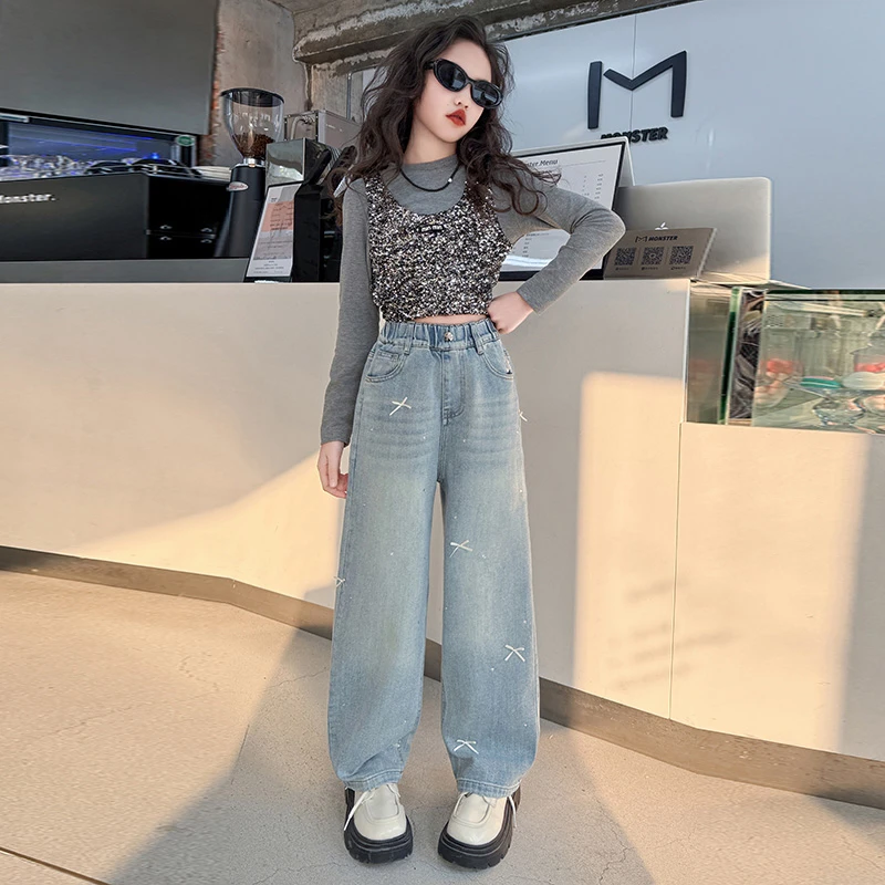女童洋气假两件亮片上衣烫钻蝴蝶结牛仔裤套装春款2025新款时髦