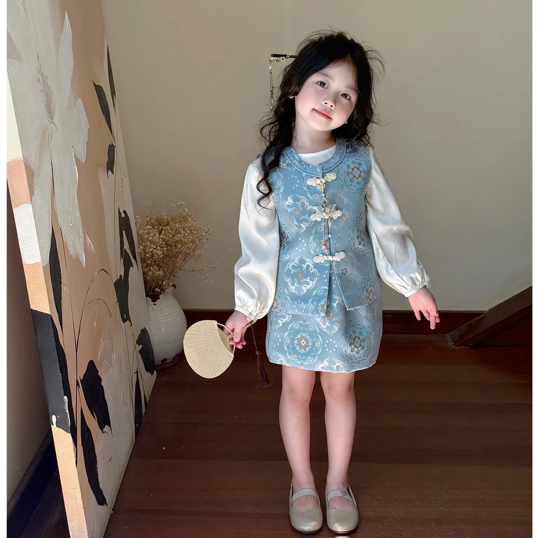 壹妈童装女童新中式国风套装秋装蓝色旗袍马甲唐装背心衬衫半身裙