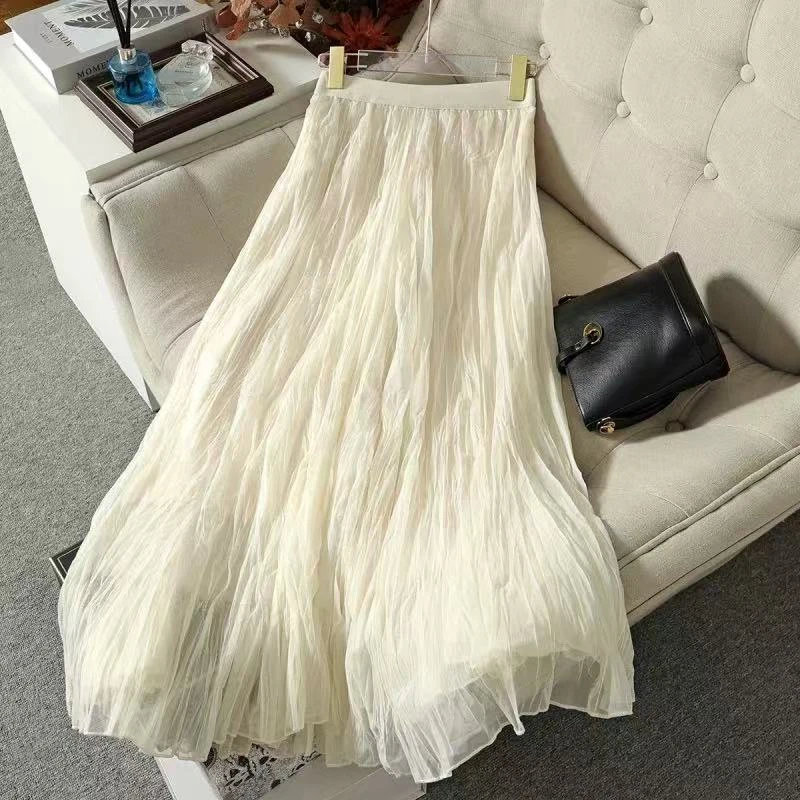 纱裙时尚高腰A字裙长款高级网纱半身裙褶皱设计感