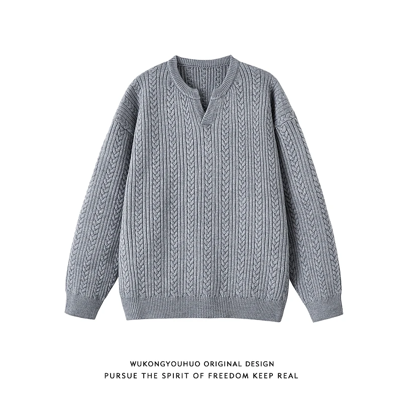 悟空有货复古麦穗纹V领毛衣男潮牌老钱风宽松情侣休闲百搭针织衫