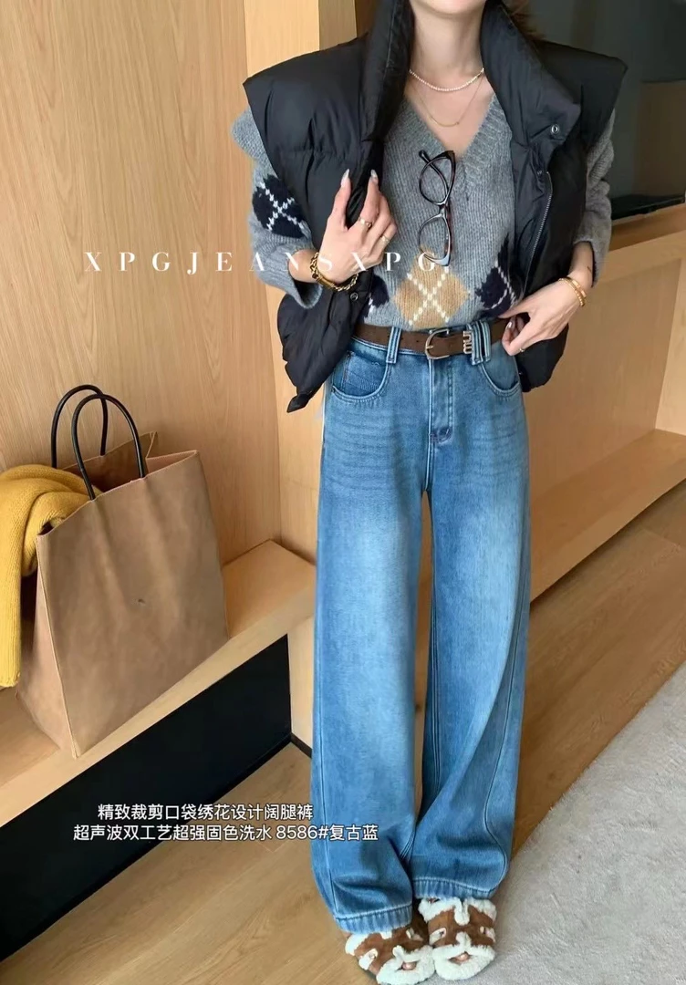 珍姐家PG口袋裁剪绣花阔腿裤裤8586货号