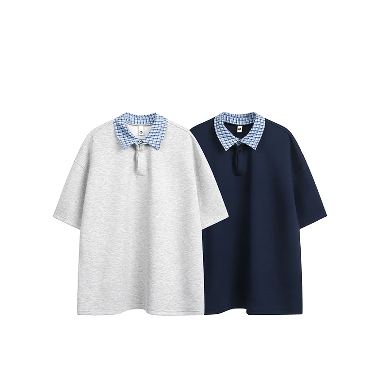 美式短袖POLO衫复古格子拼接翻领T恤男女夏季情侣装休闲潮HT10258