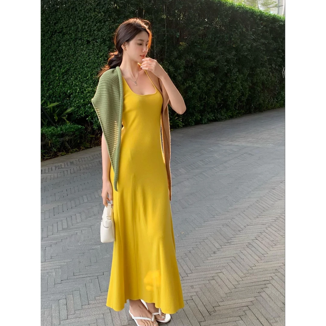 气质修身U领背心连衣裙长裙撞色女装夏装套装日韩服装出游服装