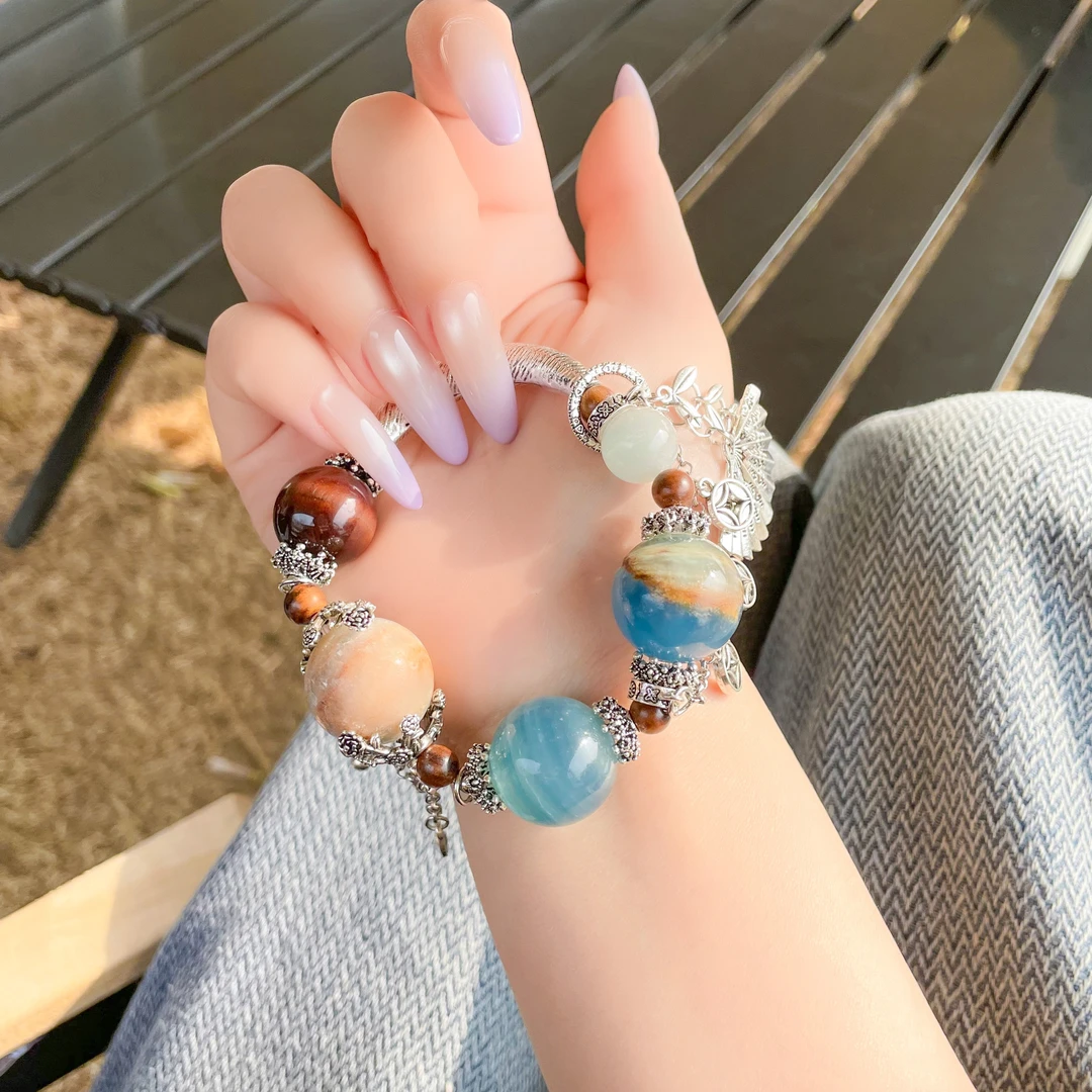 CB3926 方解石 檀木 海蓝宝 红虎 百搭水晶手串