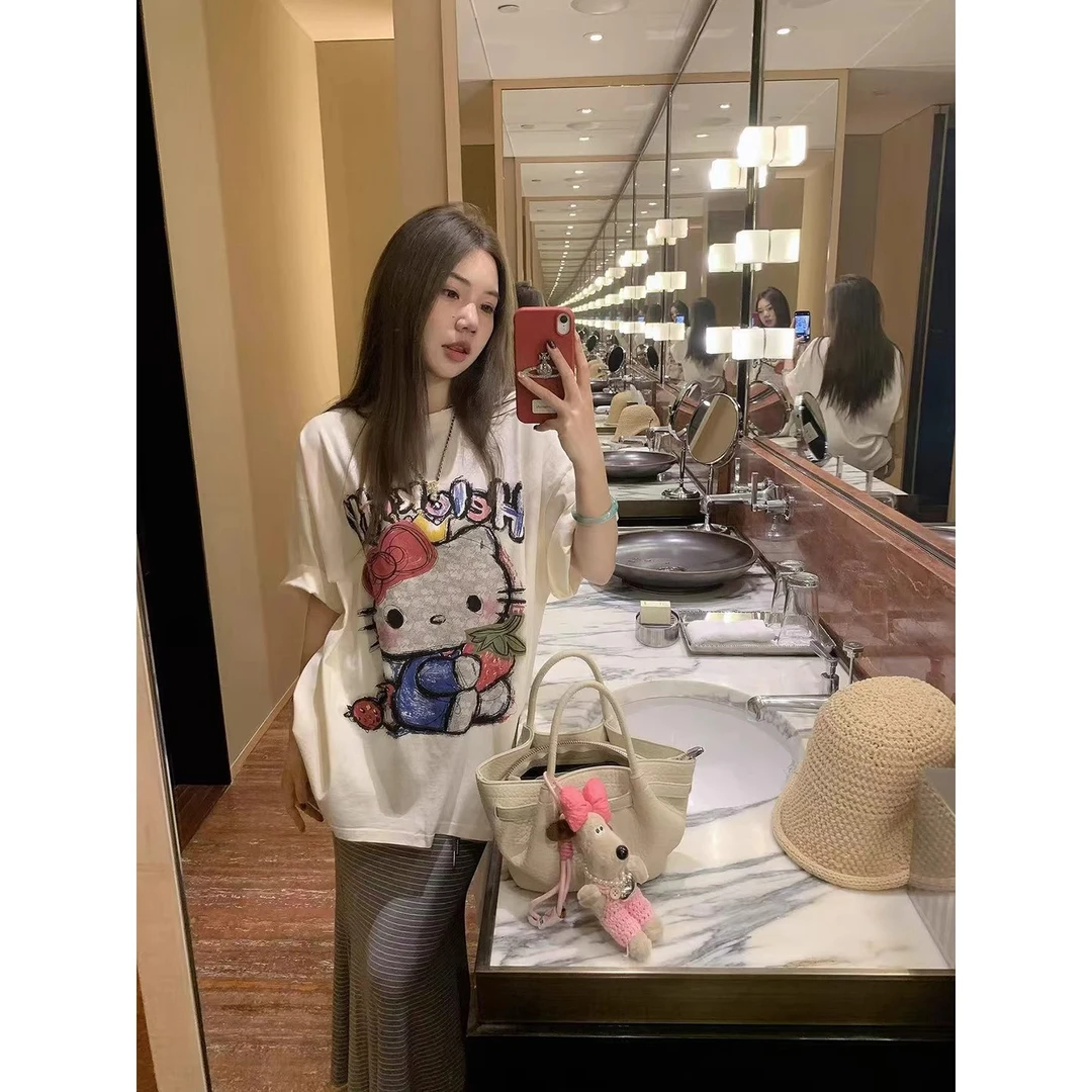 云朵kitty屋～可爱减龄卡通印花宽松时尚圆领短袖T恤女休闲