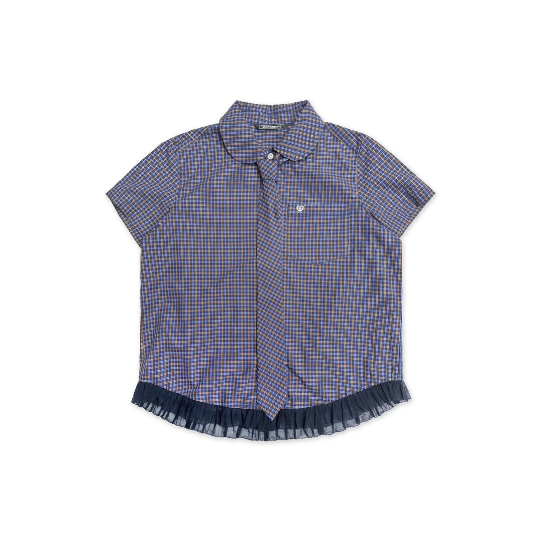 【东山口】Moromoro复古格纹娃娃领下摆花边短袖衬衫