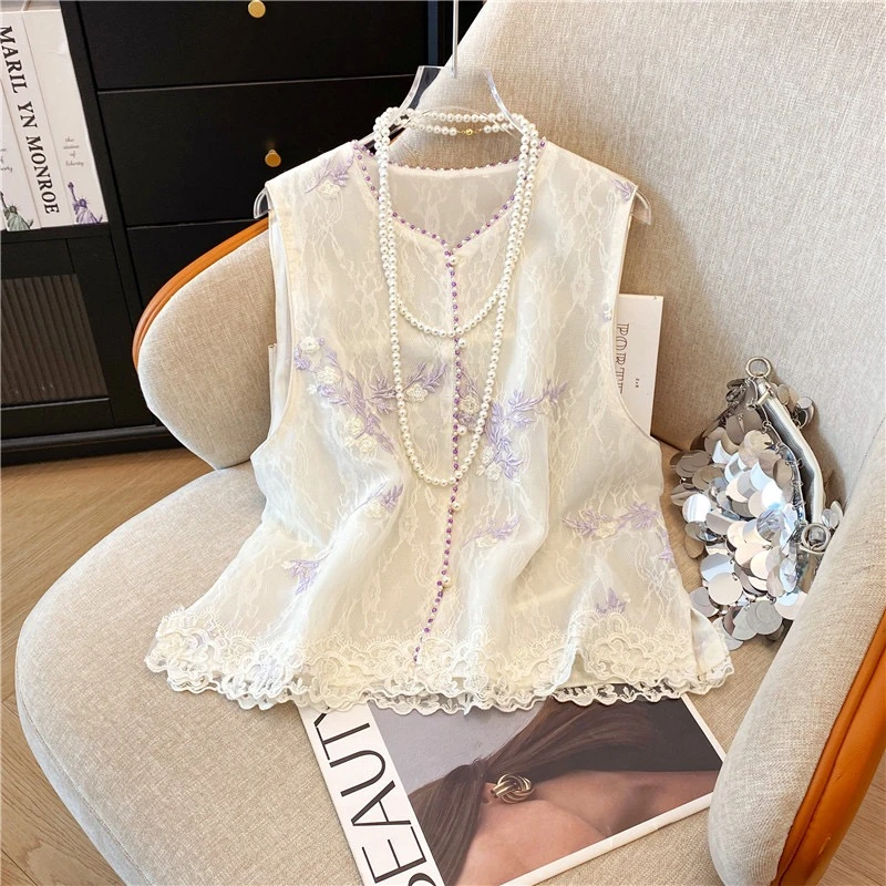 新中式重工蕾丝刺绣坎肩马甲女夏季国风紫色串珠无袖薄款外搭背心