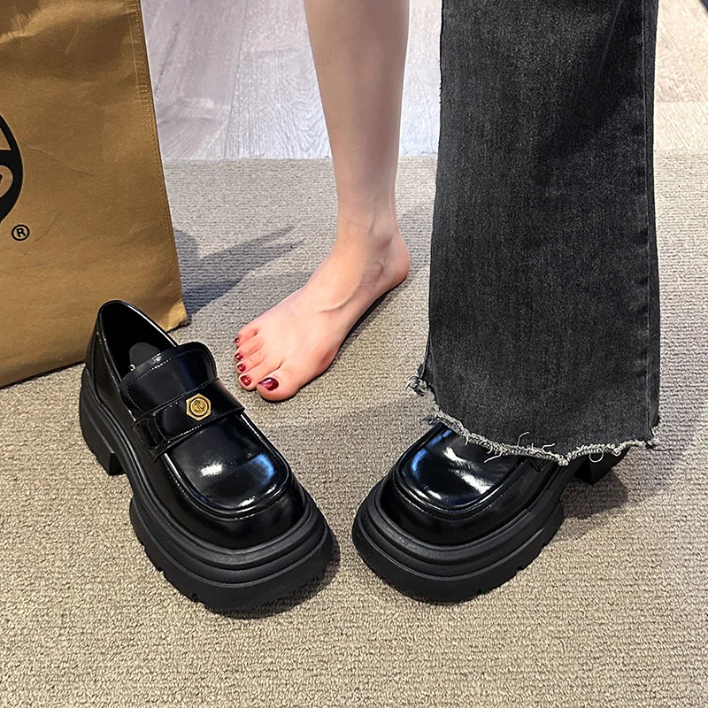 厚底增高6公分2025新款单鞋小皮鞋复古粗跟学院百搭法式乐福鞋女