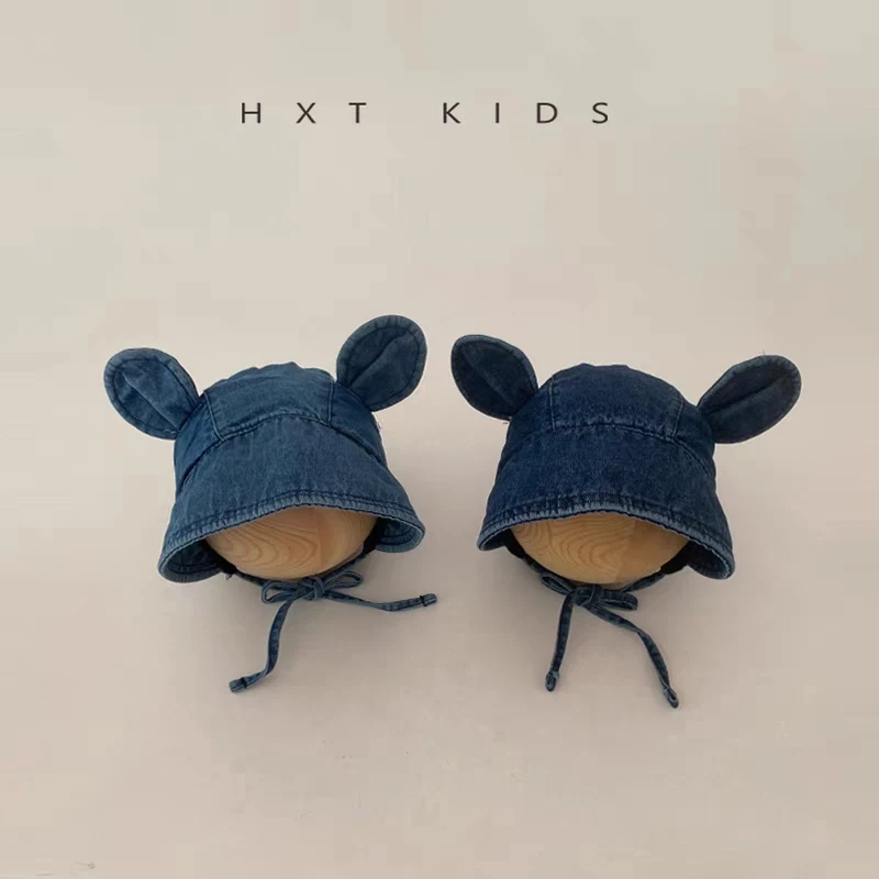 婴儿帽子春秋季水洗牛仔大耳朵系带护耳帽小月龄宝宝春天防晒帽夏