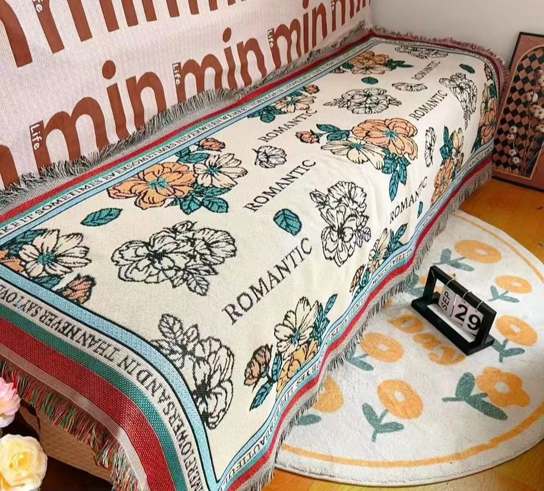 山茶花90*180毯沙发毯针织古风沙发巾椅子布一片式沙发垫休闲毯