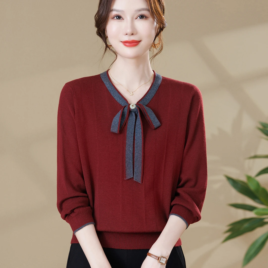 妈妈洋气时尚针织上衣飘带小衫气质中老年女装春秋宽松大码打底衫