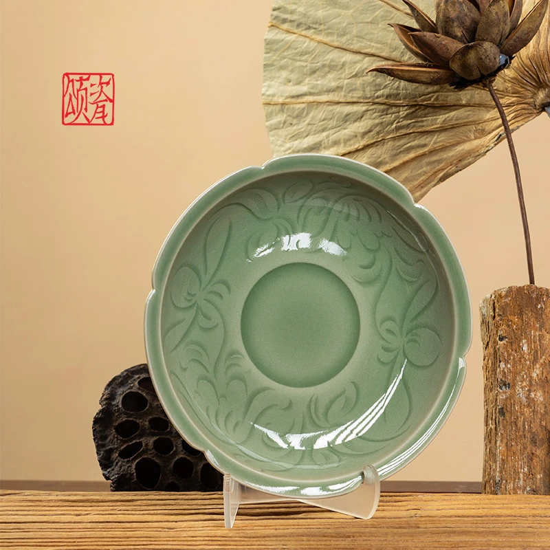 颂瓷青瓷粉青素面水含烟葵口壶承陶瓷茶道壶托缠枝花纹13.5cm口径