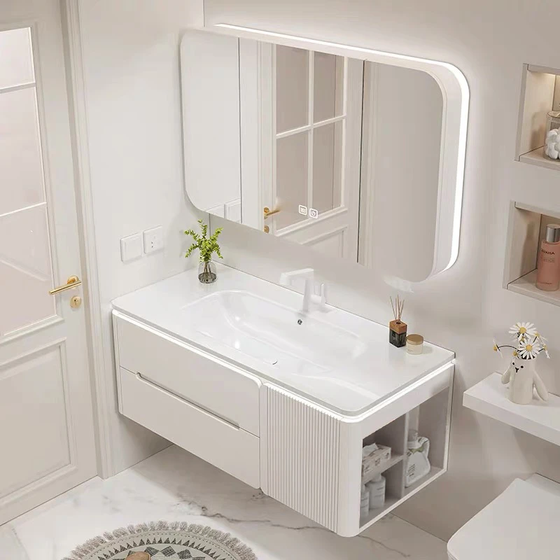 M009现代简约橡胶木烤漆浴室柜组合马桶侧边柜陶瓷一体盆智能镜柜