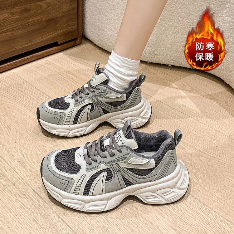 2025百搭厚底老爹鞋运动鞋女鞋冬保暖防寒时尚休闲鞋冬季毛毛鞋