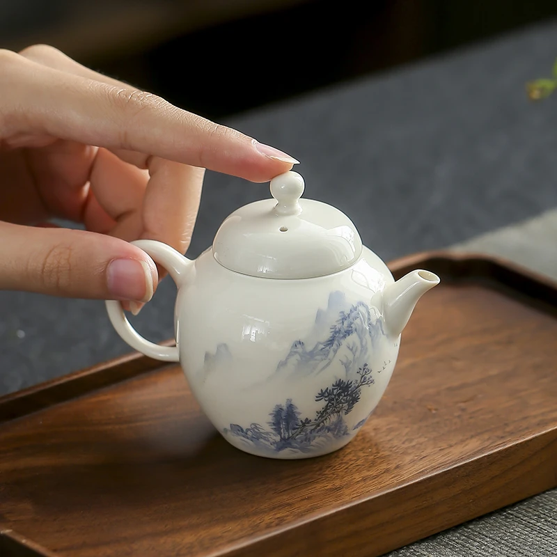 冰种复古手工玉瓷茶壶龙蛋壶手绘山水单壶中式家用陶瓷茶具泡茶杯