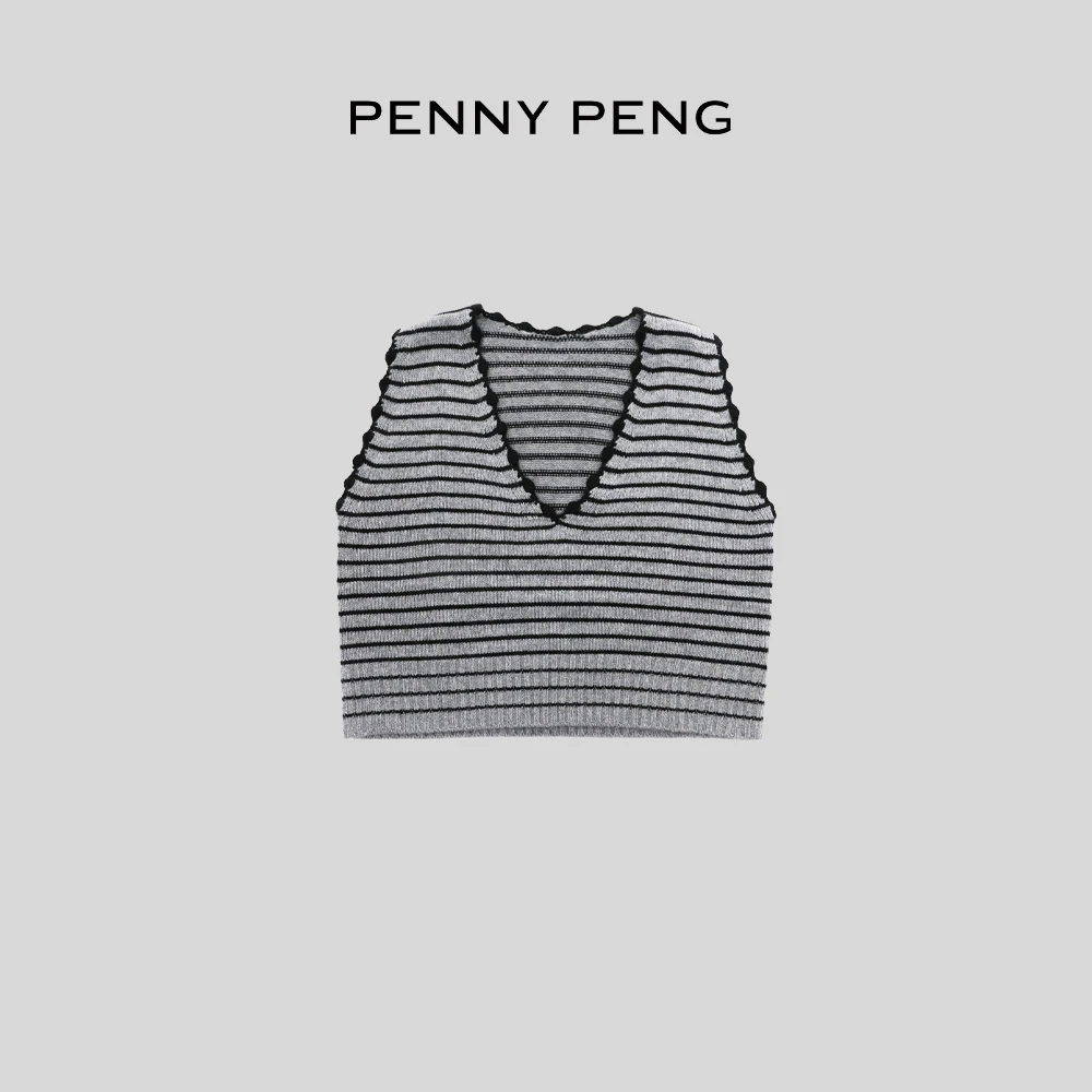 PENNYPENG叠叠乐春季穿搭上新气质时尚韩版条纹软糯羊绒V领背心