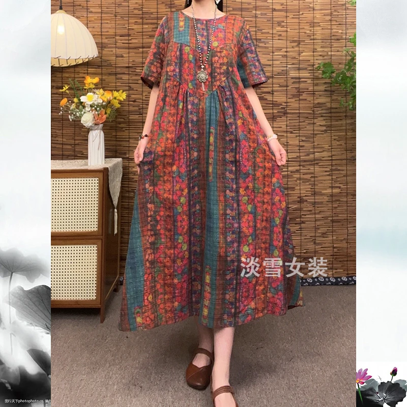 淡雪夏季时尚文艺气质短袖复古民族风女装中长款宽松遮肚连衣裙