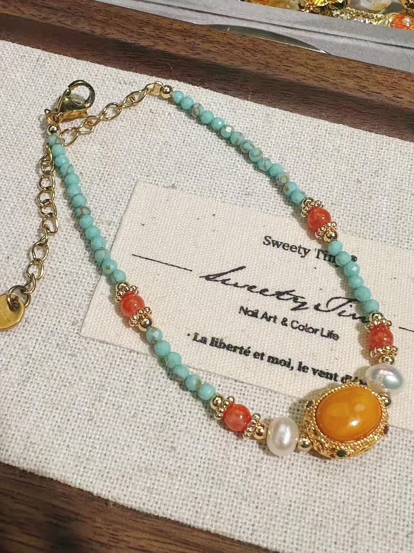 铜合金手链 民族风手作景泰蓝复古小众手链配饰彩色串珠手串时尚