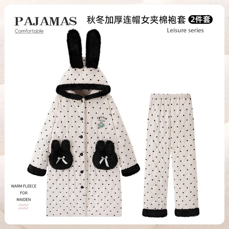 三层夹棉2025年冬季珊瑚绒睡袍女款海岛绒波点加绒加厚家居服套装