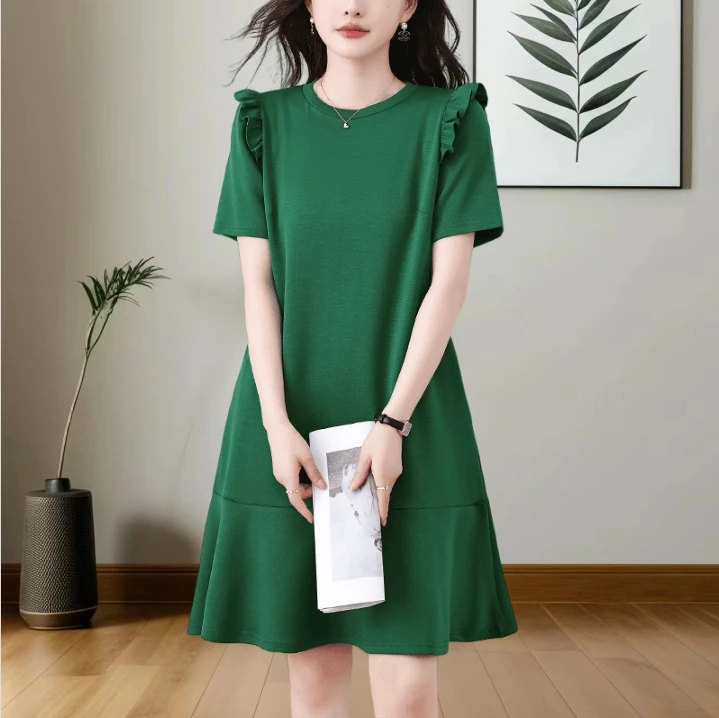 欧货鱼尾裙子2025新款夏季大码微胖显瘦遮肉中长款洋气短袖连衣裙