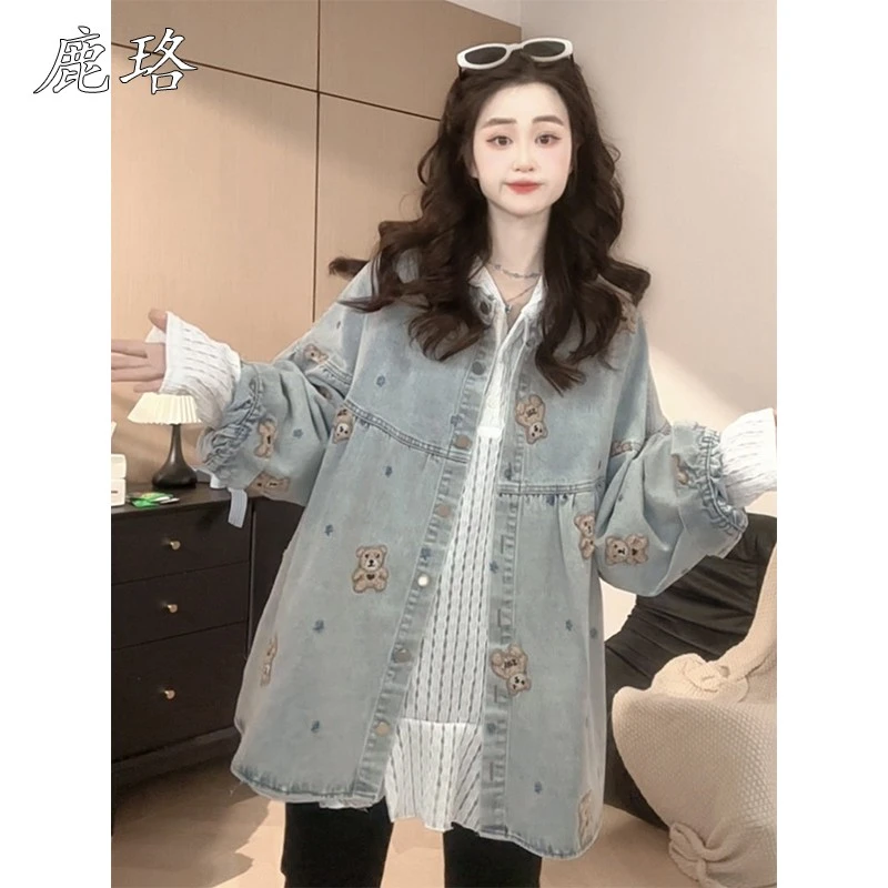 韩系重工刺绣卡通小熊Polo领牛仔夹克2025春季宽松显瘦百搭外套女