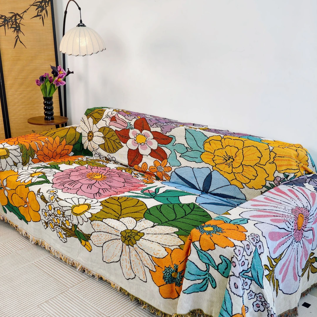 设计师款花卉线毯浅绿色沙发毯美式欧式针织毯装饰毯