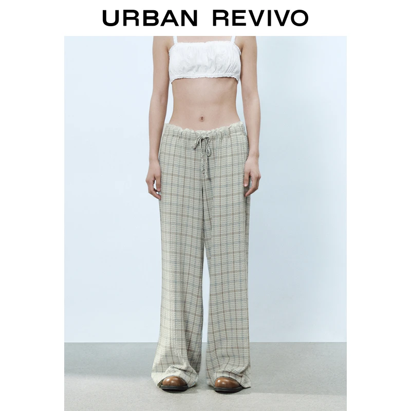UR2025春季新款女装欧若风休闲撞色格纹蕾丝边阔腿裤UYL650017