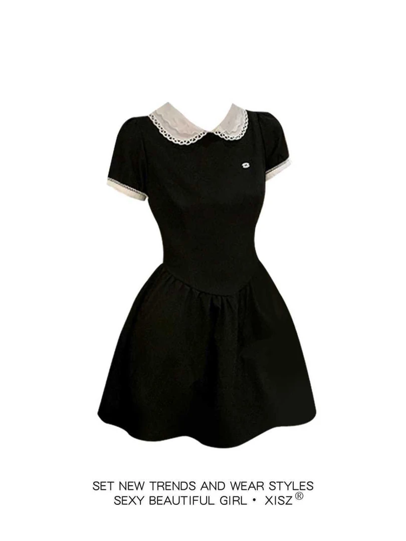 大码胖mm赫本千金风小黑裙夏季新款减龄娃娃领A字裙收腰显瘦短裙