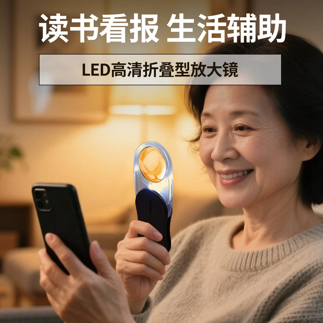 折叠旋转放大镜便携带灯照明高清老人阅读看书珠宝鉴定看手机文字