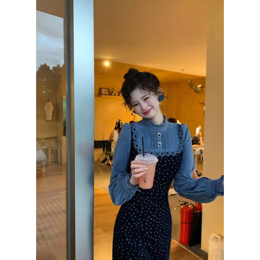 一生罗曼海兰花秋冬法式设计感碎花假两件拼接长袖连衣裙