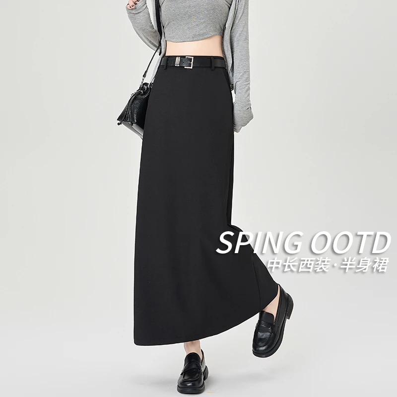 黑色西装半身裙女秋季2025新款通勤a字裙长裙子开叉中长款包臀裙