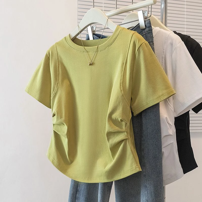 大码设计感褶皱收腰短袖t恤女夏季2025新款胖mm宽松显瘦时尚上衣